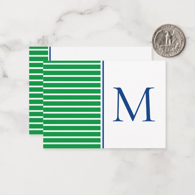 Green and White Stripe With Navy Blue Monogram Card (Front/Back In Situ)