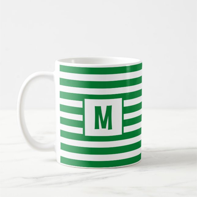 Green and White Striped Design Single Initial Coffee Mug (Left)
