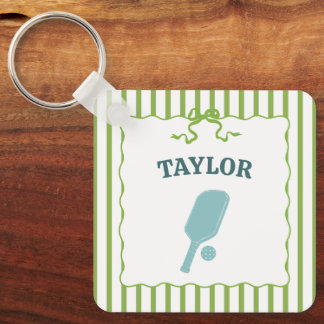 Green and White Striped Pickleball Personalized Keychain
