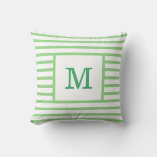 Green and White Stripes Custom Monogram Cotton Throw Pillow