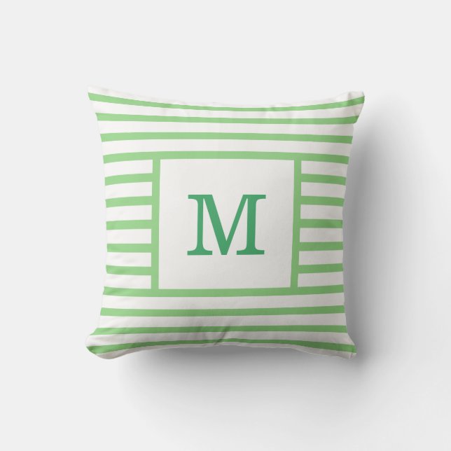 Green and White Stripes Custom Monogram Cotton Throw Pillow (Front)