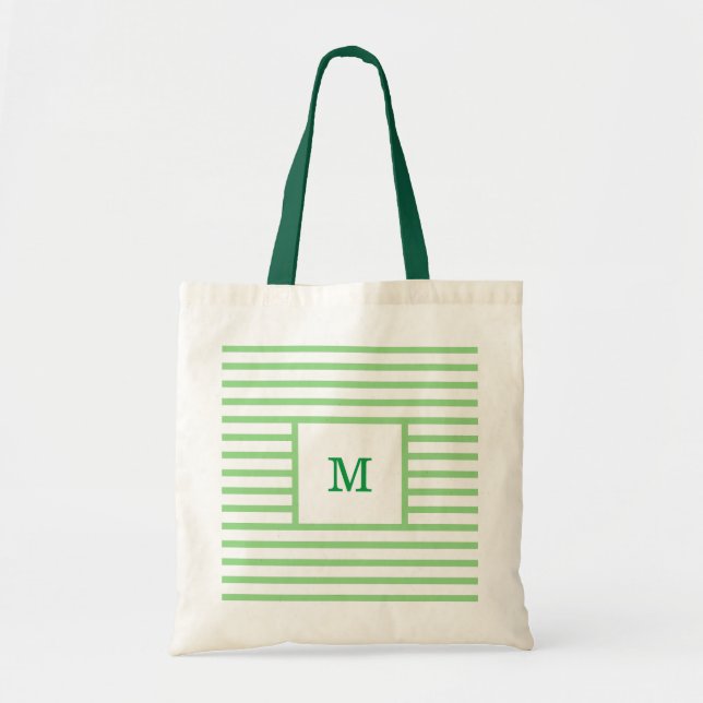 Green and White Stripes Custom Monogram Tote Bag (Front)