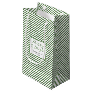 Green and White Stripes Merry and Bright Small Gift Bag