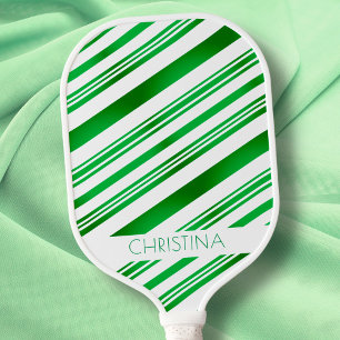 Green and White Stripes Modern Elegant Custom Name Pickleball Paddle