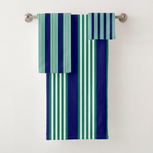 Green and white stripes pattern with navy blue bath towel set