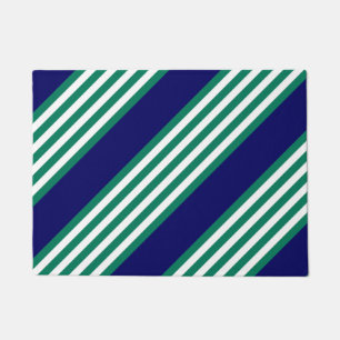 Green and white stripes pattern with navy blue doormat