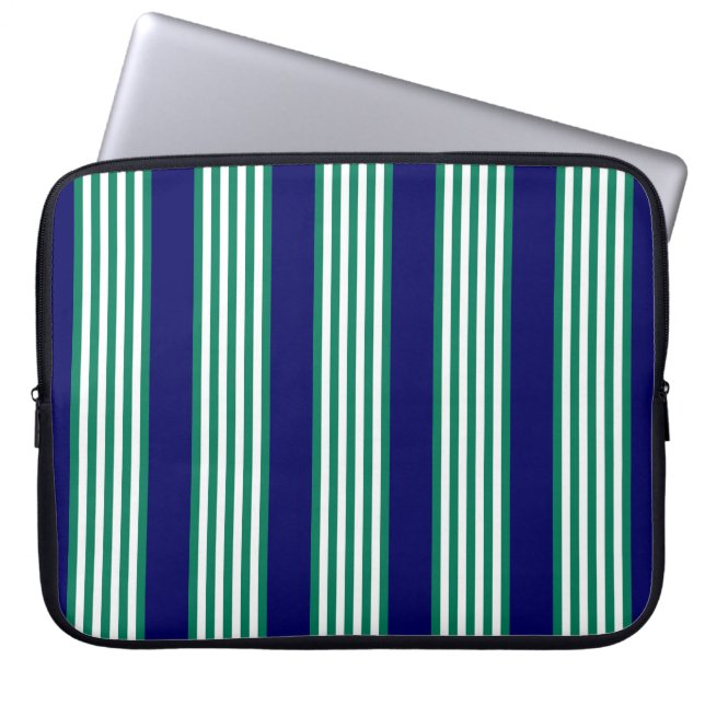 Green and white stripes pattern with navy blue laptop sleeve (Front)