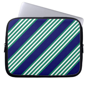 Green and white stripes pattern with navy blue laptop sleeve