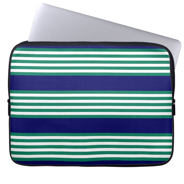 Green and white stripes pattern with navy blue laptop sleeve (Front)