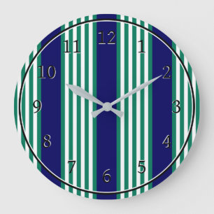 Green and white stripes pattern with navy blue large clock