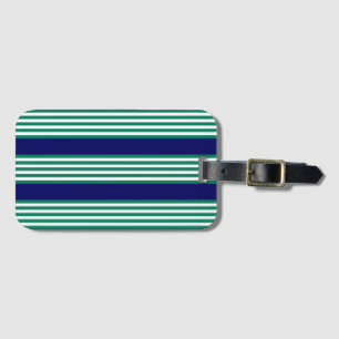 Green and white stripes pattern with navy blue luggage tag