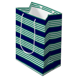 Green and white stripes pattern with navy blue medium gift bag