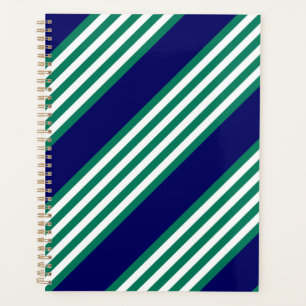Green and white stripes pattern with navy blue planner