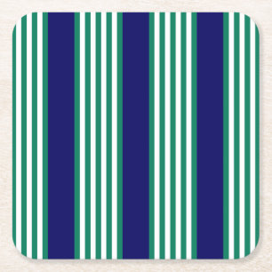 Green and white stripes pattern with navy blue square paper coaster