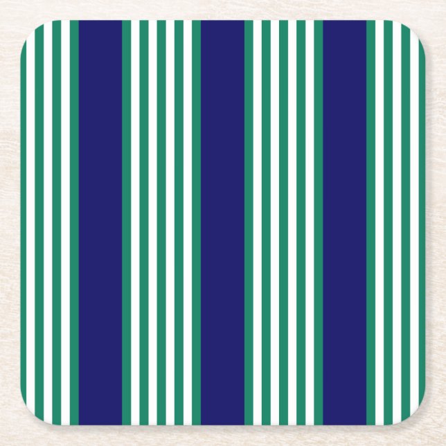 Green and white stripes pattern with navy blue square paper coaster (Front)