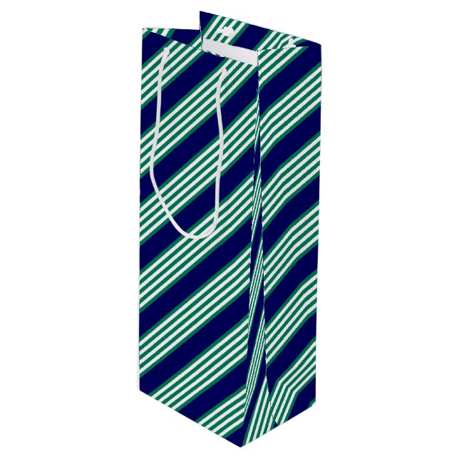 Green and white stripes pattern with navy blue wine gift bag (Front Angled)
