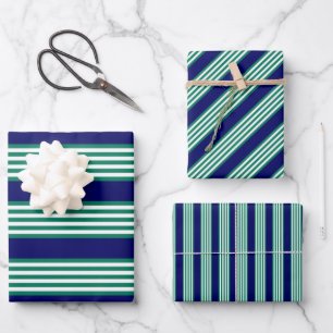 Green and white stripes pattern with navy blue wrapping paper sheet