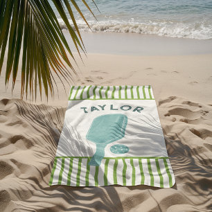 Green and White Stripes Pickleball Personalized Beach Towel