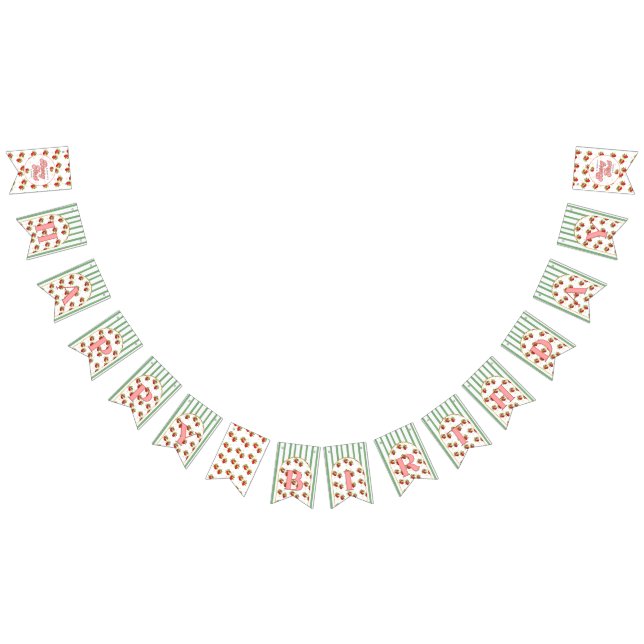 Green and White Stripes Strawberry Happy Birthday Bunting Flags (All)