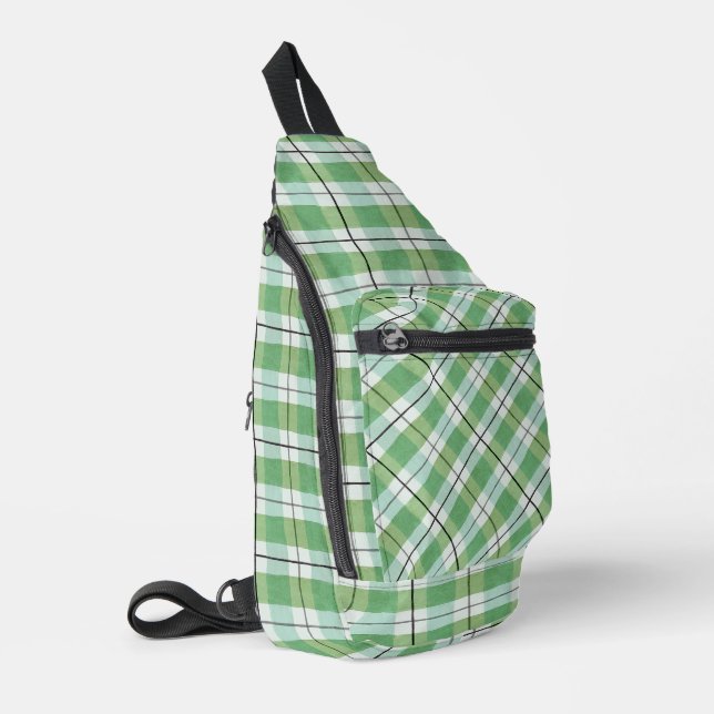Green and White Tartan Plaid Sling Bag (Left Corner)