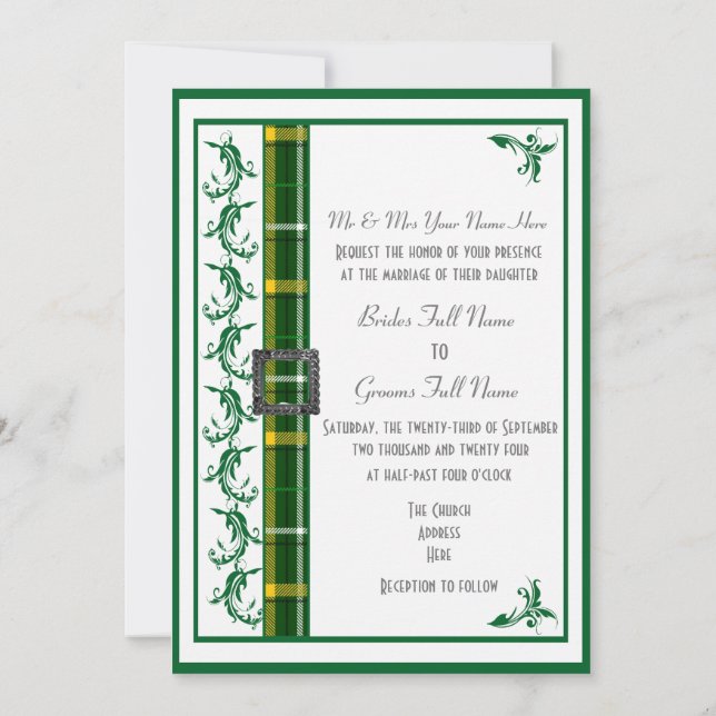 Green and white tartan plaid traditional wedding invitation (Back)