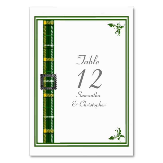 Green and white tartan ribbon table number (Front)