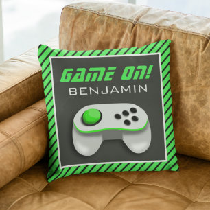 Green and White Video Game Controller Kids Room Throw Pillow