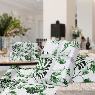 Green And White Vintage Botanical Floral Toile Wrapping Paper