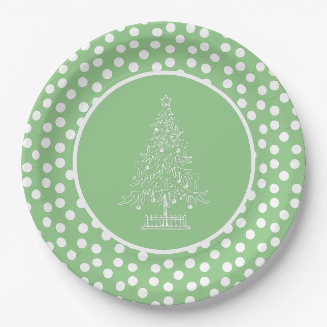 Green and White Vintage Christmas tree Paper Plate (Front)