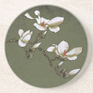 Green and White Vintage Magnolia Coaster