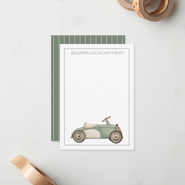 Green and White Vintage Toy Car Personalized Card (Front/Back In Situ)