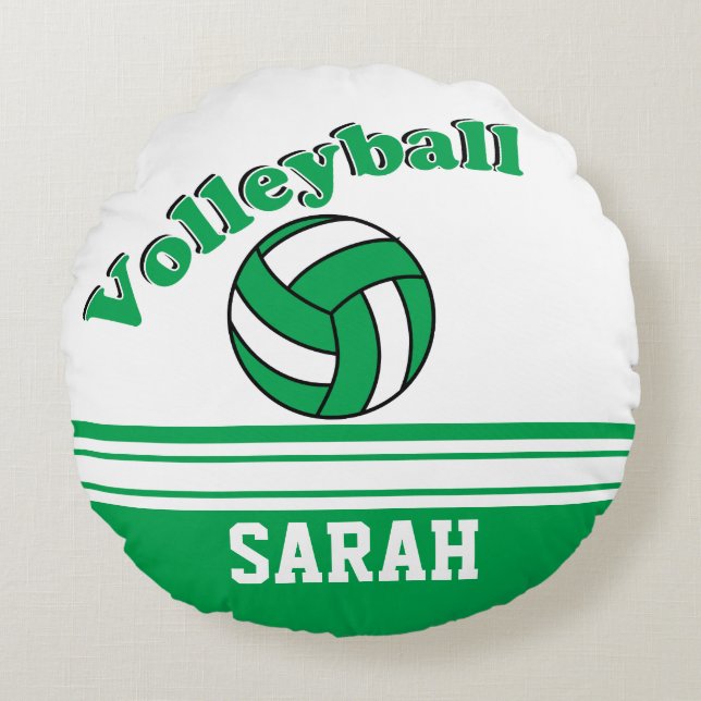 Green and White Volleyball | Personalize Round Pillow (Front)