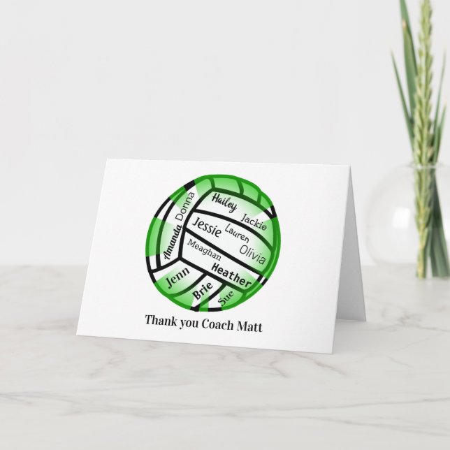 Green and White Volleyball Thank You Coach Card (Front)