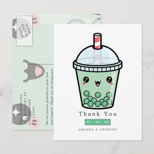  Green and White Watercolor Floral Wedding Thanks Postcard (Front/Back)