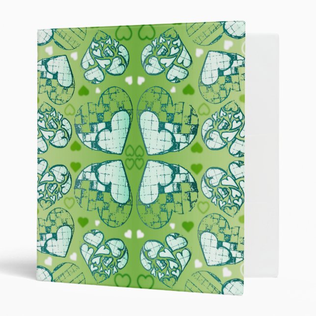 Green and white Whimsical Romantic Hearts pattern Binder (Front/Inside)