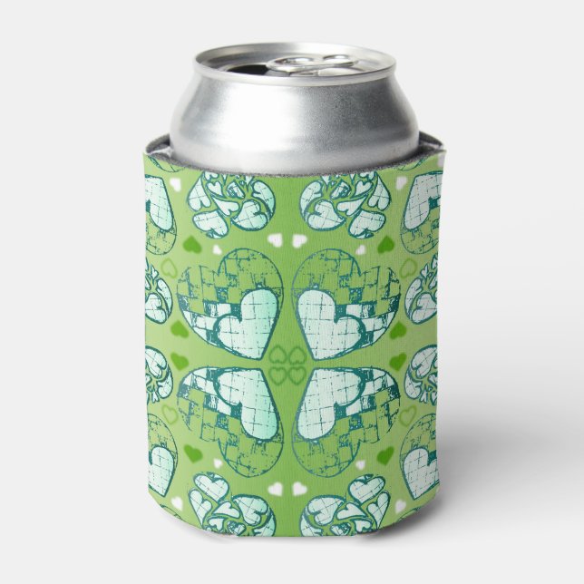 Green and white Whimsical Romantic Hearts pattern Can Cooler (Can Front)