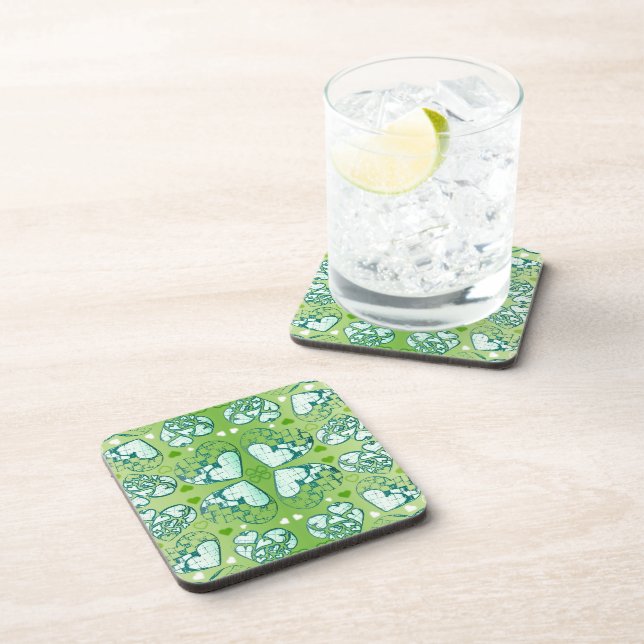 Green and white Whimsical Romantic Hearts pattern Coaster (Right Side)