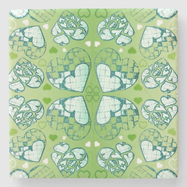 Green and white Whimsical Romantic Hearts pattern Stone Coaster (Front)