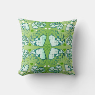 Green and white Whimsical Romantic Hearts pattern Throw Pillow