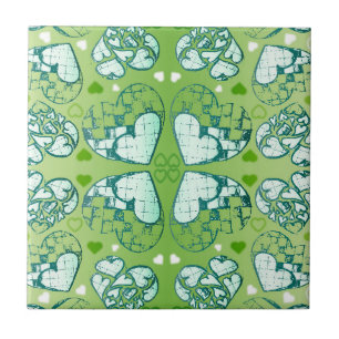 Green and white Whimsical Romantic Hearts pattern Tile