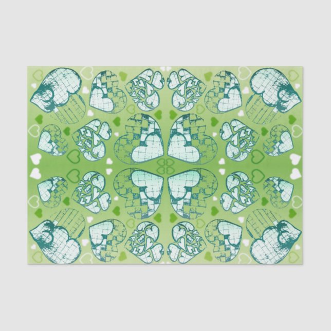 Green and white Whimsical Romantic Hearts pattern Tissue Paper (Front)