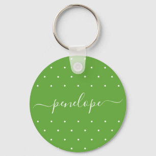 Green and White with Dots and Name Typography Keychain