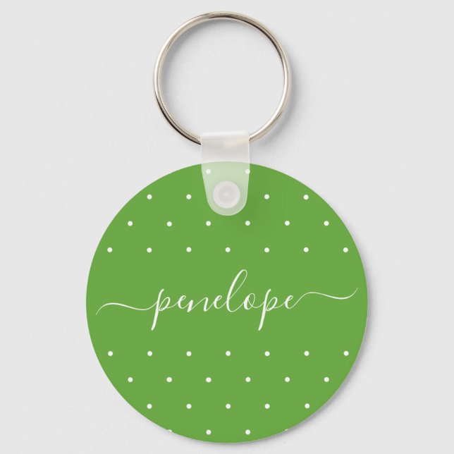 Green and White with Dots and Name Typography Keychain (Front)