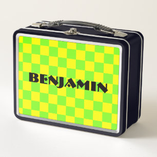 Green and Yellow 90s Chequerboard Design Metal Lunch Box