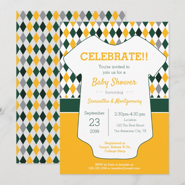 Green and Yellow Argyle Patterned Baby Shower Invitation (Front/Back)