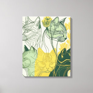 Green and Yellow "Boho Cats" Abstract Vector Canvas Print