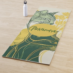 Green and Yellow Boho Style Personalized Cat Lover Yoga Mat