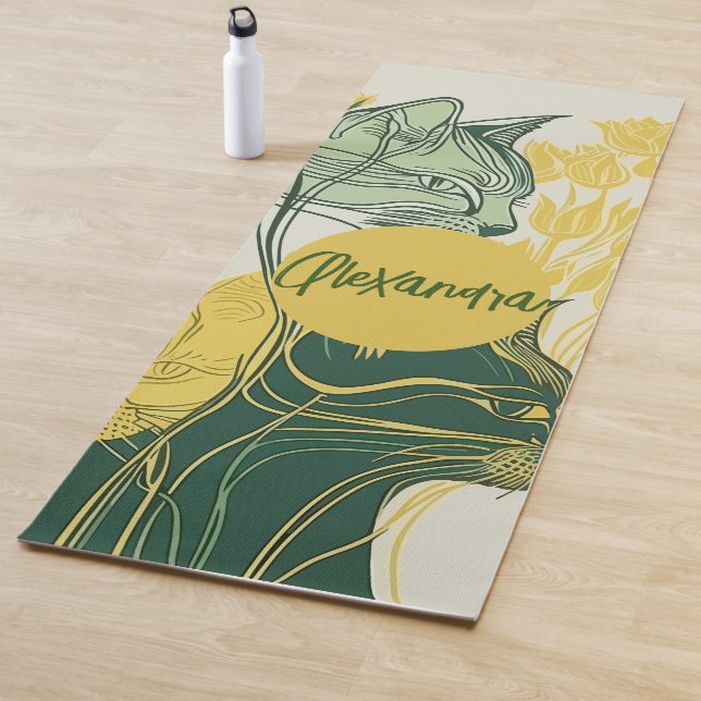 Green and Yellow Boho Style Personalized Cat Lover Yoga Mat (In Situ)