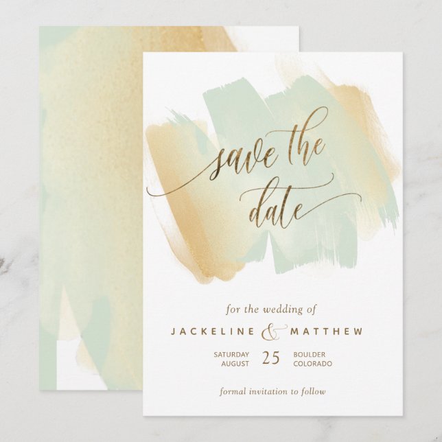 Green and Yellow Brush Strokes, Minimal Wedding Save The Date (Front/Back)