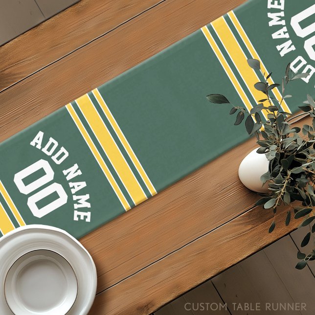 Green and Yellow Gold Striped Personalized Sports Short Table Runner (Custom Table Runner)